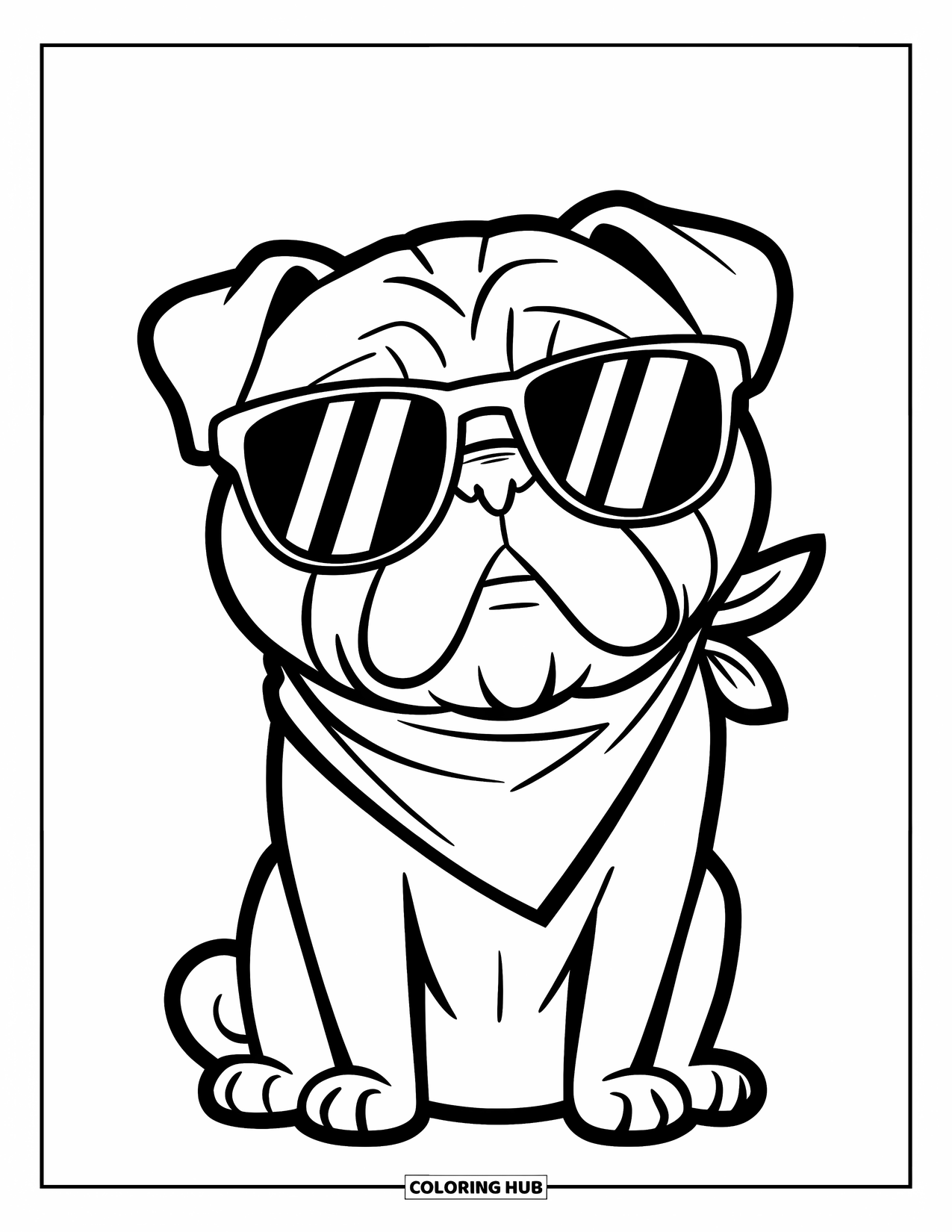 Pug Coloring Page for Kids: A stylish pug sits confidently, wearing sunglasses and a bandana