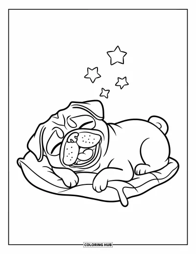 Coloriage de carlin pour enfants : Un carlin fatigué s’étire sur un oreiller, entouré d’étoiles scintillantes