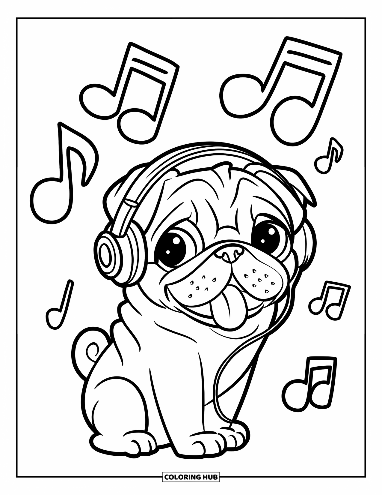 Pug Coloring Page for Kids: A trendy pug bops its head to music while wearing headphones, surrounded by musical notes