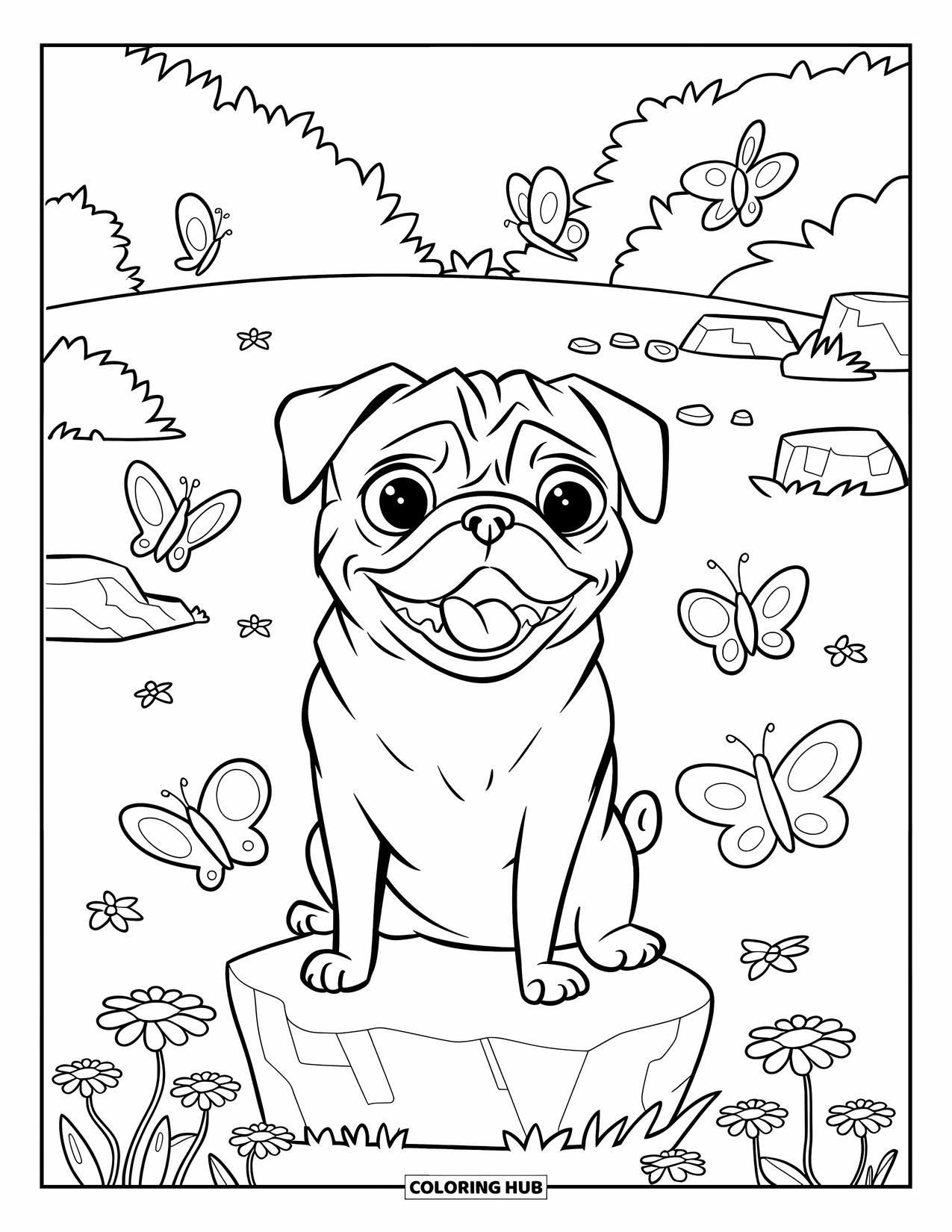 Pug Coloring Page for Kids: A wide-eyed pug sits on a rock in a lush garden, surrounded by flowers and butterflies