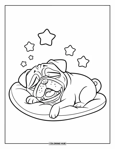 Coloriage de carlin pour enfants : Un carlin bâillant se blottit dans un oreiller, avec quelques étoiles flottant à proximité