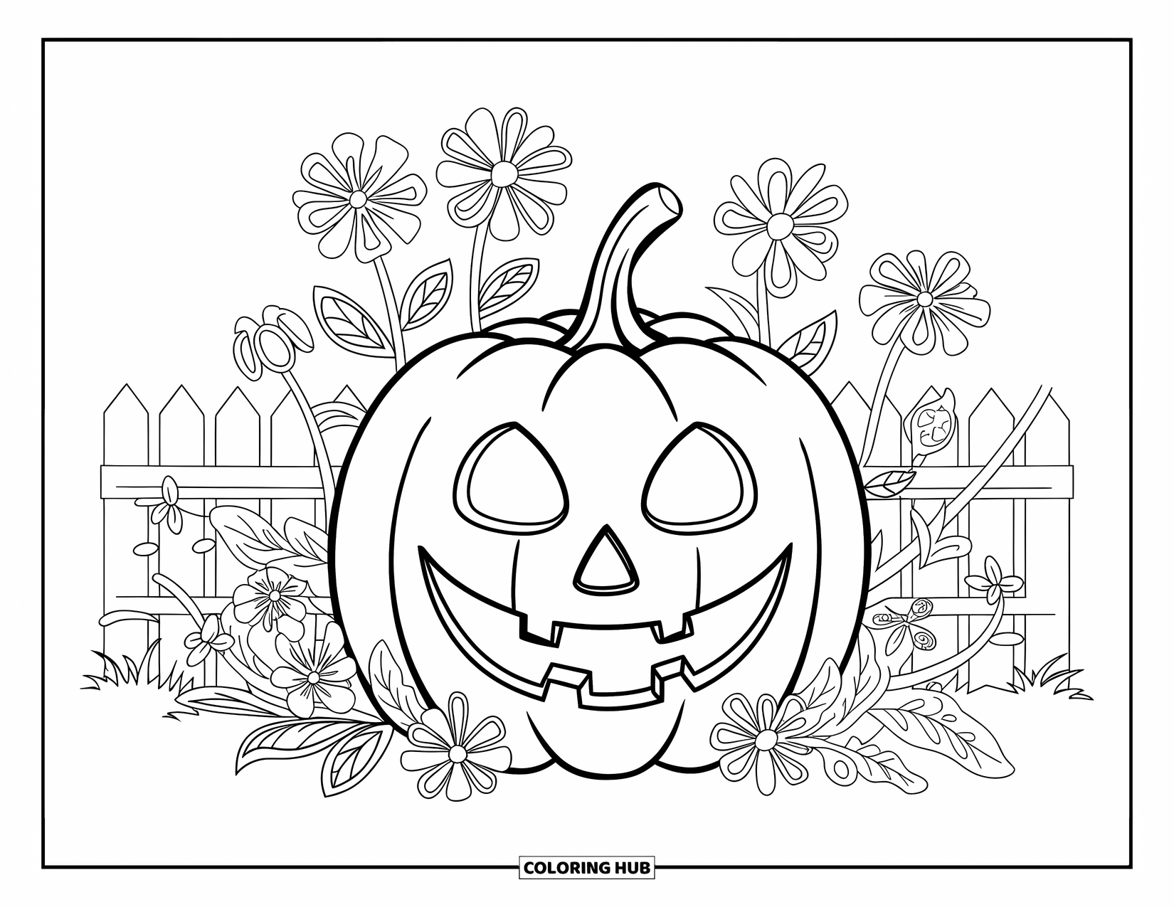 Kolorowanka z dynią dla dorosłych: Jack-o'-lantern spoczywa wśród dzikich kwiatów, z rustykalnym płotem w tle