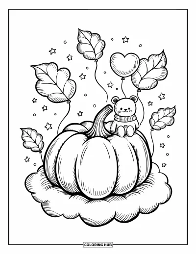 어른을 위한 호박 색칠공부: 떠다니는 나뭇잎 풍선과 하트 풍선을 든 작은 곰이 있는 구름 위의 호박