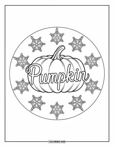어른을 위한 호박 색칠공부: 아름답게 세밀한 눈꽃에 둘러싸인 호박 주위로 감긴 "PUMPKIN" 글자