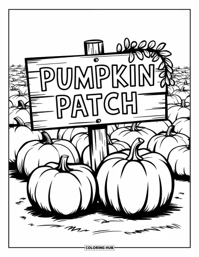 어린이를 위한 호박 색칠공부: 풀과 "Pumpkin Patch" 표지판 아래 땅 위의 두 호박