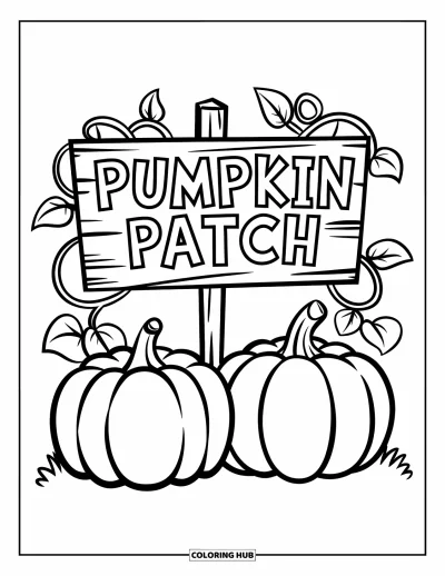 어린이를 위한 호박 색칠공부: 풀밭과 덩굴이 흩어진 "Pumpkin Patch" 표지판 아래 두 개의 호박