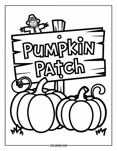 어린이를 위한 호박 색칠공부: 나무 "Pumpkin Patch" 표지판 아래 두 개의 호박과 배경의 허수아비