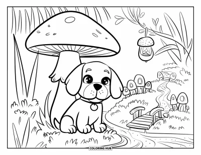 Coloriage de chiots pour adultes : Un chiot Beagle dans un jardin féerique contemple une lanterne en gland suspendue à une liane