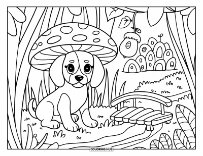 Coloriage de chiots pour adultes : Un chiot Beagle se repose sous un champignon en regardant un petit pont en bois tout près