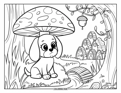 Coloriage de chiots pour adultes : Un chiot Beagle est assis sous un champignon, entouré de petites maisons de jardin féerique