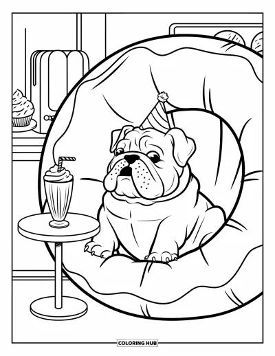 Coloriage de chiots pour adultes : Un chiot Bouledogue savoure une douceur, installé dans un siège en forme de donut bien confortable