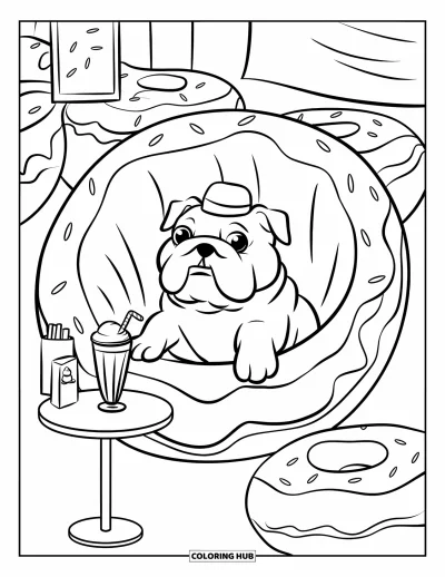 Coloriage de chiots pour adultes : Un chiot Bouledogue sirote un milk-shake en se prélassant dans une boutique de desserts sur le thème du donut