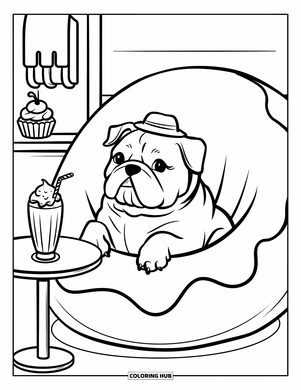 Puppy Coloring Page for Adults: A Bulldog puppy sits in a dessert shop, happily resting in a donut beanbag