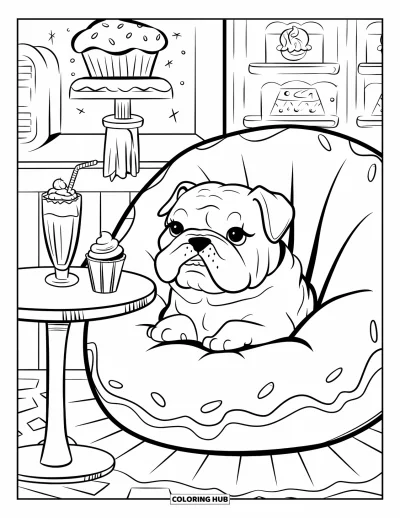 Coloriage de chiots pour adultes : Un chiot Bouledogue potelé se prélasse dans un pouf en forme de donut en sirotant un milk-shake