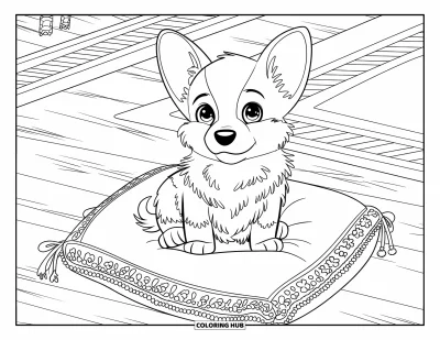 Coloriage de chiots pour adultes : Un chiot Corgi se repose sur un coussin, profitant de la chaleur d’une pièce joliment décorée