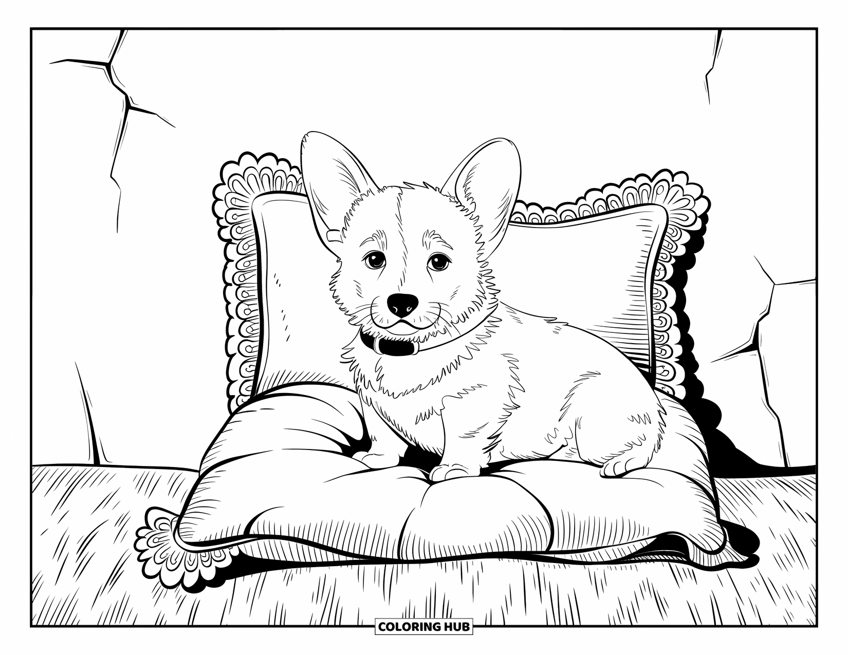 Puppy Coloring Page for Adults: A Corgi puppy sits on a decorative cushion, surrounded by vintage floral patterns