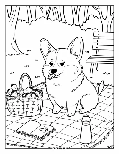 Coloriage de chiots pour adultes : Un chiot Corgi est assis sur une couverture de pique-nique, entouré de fraises et d’un livre
