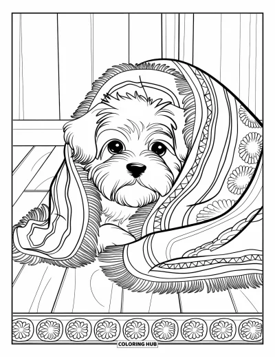 Coloriage de chiots pour adultes : Un chiot Bichon maltais tout doux se repose dans une couverture décorative, entouré de détails élégants