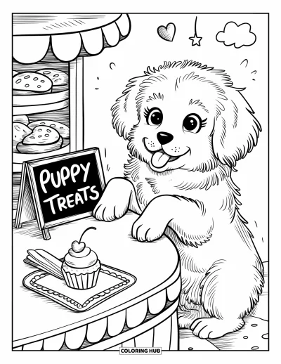 Coloriage de chiots pour adultes : Un chiot Retriever curieux s’appuie au comptoir, impatient de goûter une gourmandise de boulangerie