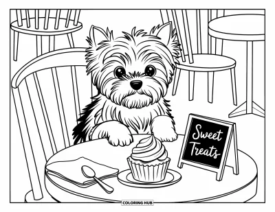 Coloriage de chiots pour adultes : Un chiot Yorkie curieux contemple un cupcake, entouré d’éléments de café chaleureux