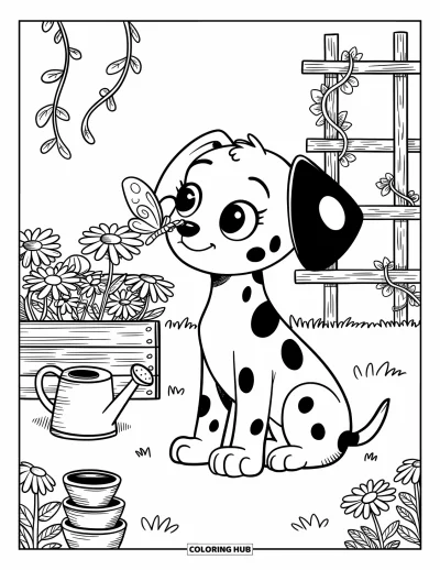 Coloriage de chiots pour adultes : Un chiot Dalmatien est assis parmi des marguerites, un papillon se posant doucement sur son nez