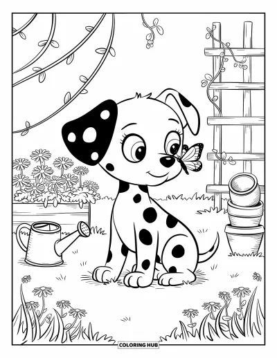Coloriage de chiots pour adultes : Un chiot Dalmatien est assis dans un jardin fleuri, observant un papillon sur son museau