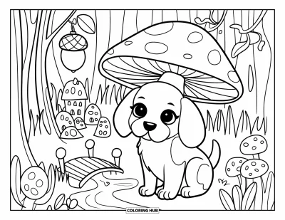 Coloriage de chiots pour adultes : Un chiot Beagle aux oreilles tombantes se détend sous un champignon dans un jardin féerique