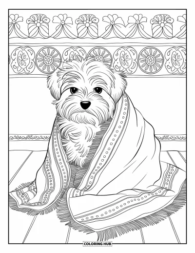 Coloriage de chiots pour adultes : Un chiot Bichon maltais duveteux se blottit dans une couverture à motifs, entouré de dessins floraux