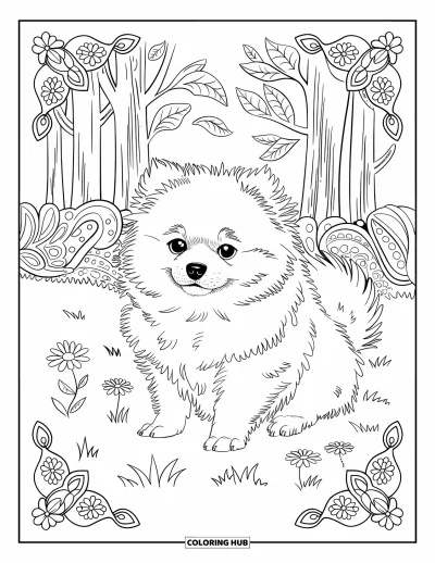 Coloriage de chiots pour adultes : Un chiot Spitz nain duveteux est entouré de motifs cachemire et floraux tourbillonnants