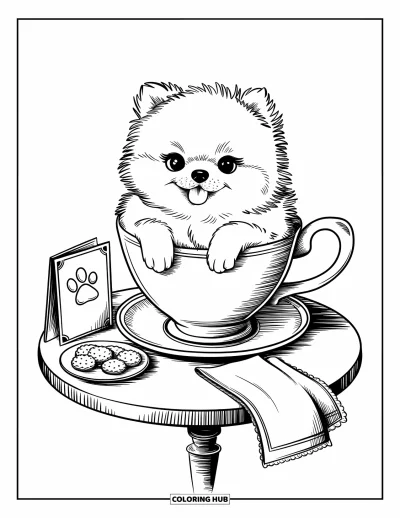 Coloriage de chiots pour adultes : Un chiot Spitz nain duveteux est assis dans une tasse géante, absolument adorable