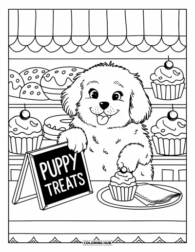 Coloriage de chiots pour adultes : Un chiot Retriever duveteux se dresse sur ses pattes arrière, attiré par un plateau de friandises