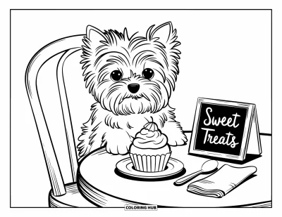 Coloriage de chiots pour adultes : Un chiot Yorkie duveteux pose ses pattes sur une table de café à côté d’un cupcake sucré