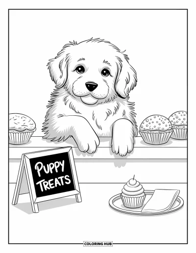 Coloriage de chiots pour adultes : Un chiot Golden Retriever passe la tête au-dessus d’un comptoir de boulangerie, en humant de bonnes pâtisseries