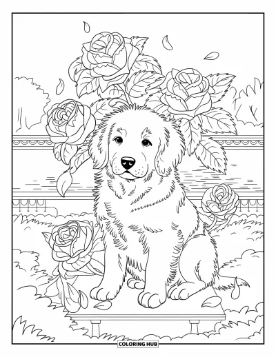 Coloriage de chiots pour adultes : Un chiot Golden Retriever se repose près de roses en fleurs, avec des pétales dispersés autour