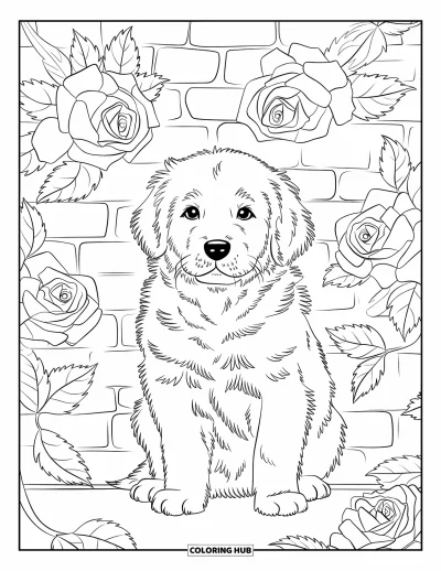 Coloriage de chiots pour adultes : Un chiot Golden Retriever est assis parmi des roses, entouré d’élégants motifs floraux