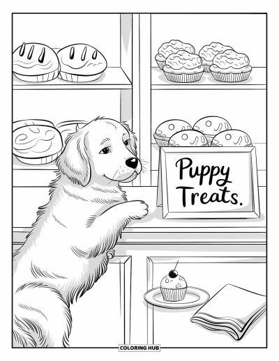 Coloriage de chiots pour adultes : Un chiot Golden Retriever regarde une vitrine de boulangerie remplie de pâtisseries délicieuses