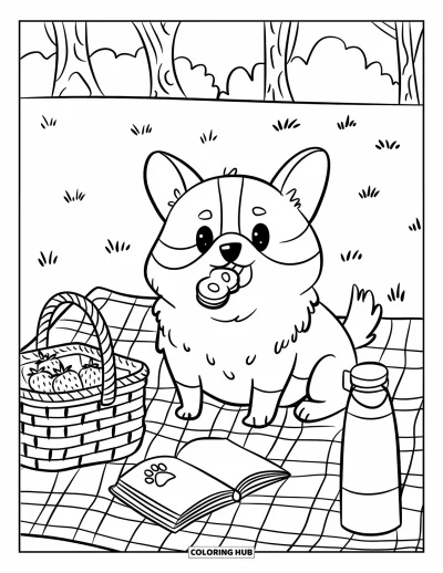 Coloriage de chiots pour adultes : Un chiot Corgi heureux remue la queue en dégustant un encas au parc