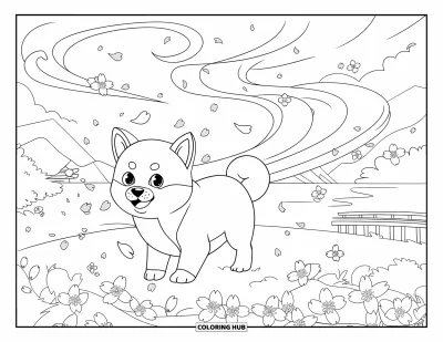 Coloriage de chiots pour adultes : Un chiot Shiba Inu joyeux court à travers des fleurs de cerisier, avec des montagnes en arrière-plan
