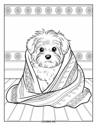 Coloriage de chiots pour adultes : Un chiot Bichon maltais est assis enveloppé dans une couverture aux motifs détaillés sur un sol en bois