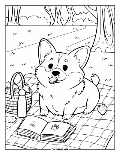 Coloriage de chiots pour adultes : Un chiot Corgi joueur croque un biscuit près d’un panier de pique-nique rempli de gourmandises