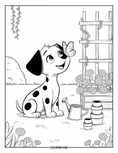 Coloriage de chiots pour adultes : Un chiot Dalmatien joueur observe un papillon dans un jardin fleuri paisible