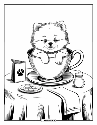 Coloriage de chiots pour adultes : Un chiot Spitz nain joueur profite d’un moment de café douillet dans une tasse géante