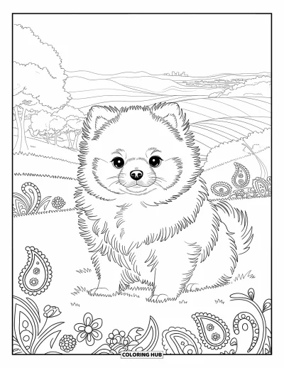Coloriage de chiots pour adultes : Un chiot Spitz nain joueur est assis dans un paysage artistique rempli de détails délicats