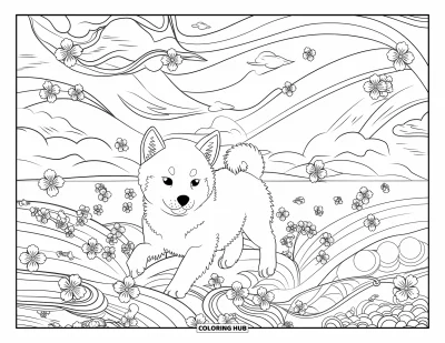 Coloriage de chiots pour adultes : Un chiot Shiba Inu joueur gambade parmi des fleurs de cerisier tourbillonnantes dans un paysage serein