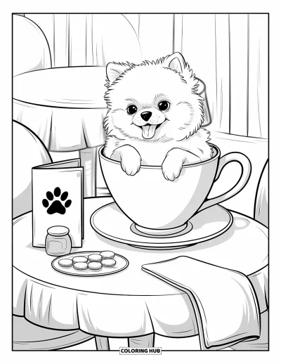 Coloriage de chiots pour adultes : Un chiot Spitz nain passe la tête hors d’une tasse géante, en remuant sa queue duveteuse
