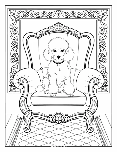 Coloriage de chiots pour adultes : Un chiot Caniche se prélasse sur un fauteuil élégant, entouré de motifs décoratifs