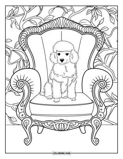 Coloriage de chiots pour adultes : Un chiot Caniche est assis dans un fauteuil vintage, entouré d’un fond floral artistique