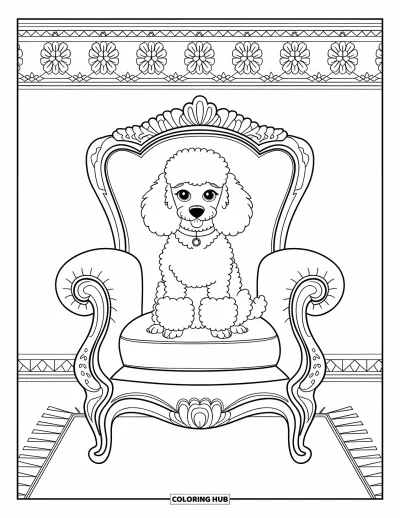 Coloriage de chiots pour adultes : Un chiot Caniche majestueux est assis dans un fauteuil orné de détails sculptés et de motifs floraux