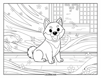 Coloriage de chiots pour adultes : Un chiot Shiba Inu joue avec des fleurs de cerisier qui tombent dans un décor japonais traditionnel