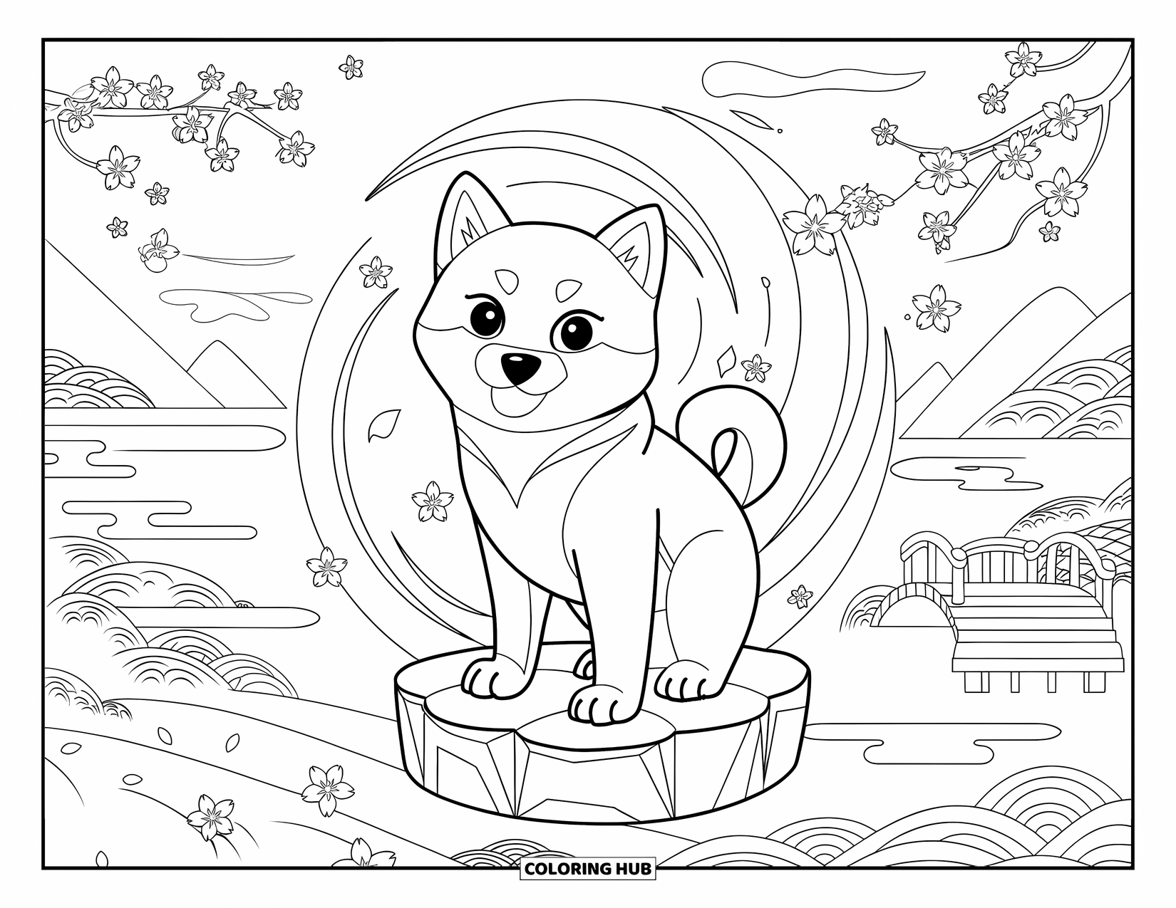 Puppy Coloring Page for Adults: A Shiba Inu puppy sits on a stone base, surrounded by cherry blossoms and wind patterns